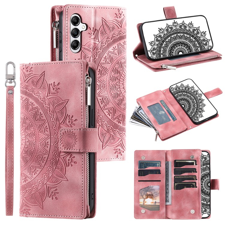 Samsung Galaxy A36 Leder Tasche Flip Cover mit Reissverschluss - Mandala Flowers Imprint - Rosa