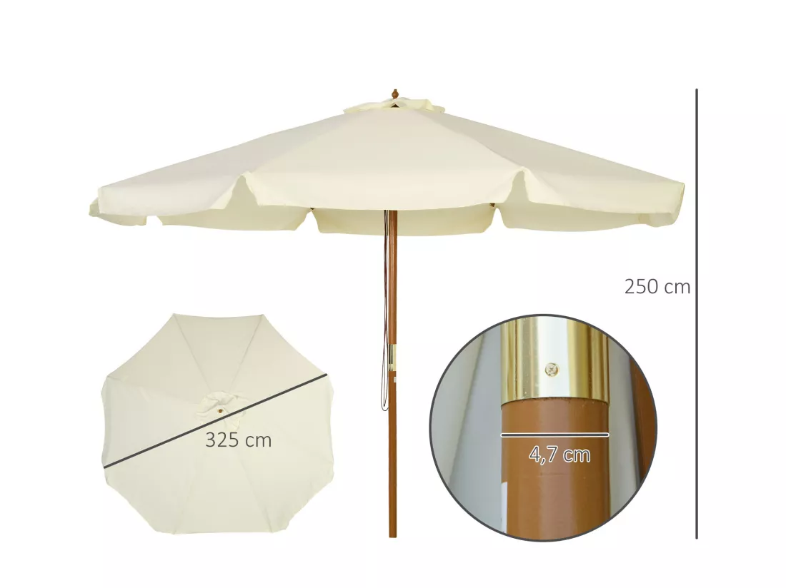 Parasol droit rond grande taille de jardin Ø 3,25 x 2,5H m bois de bambou polyester beige