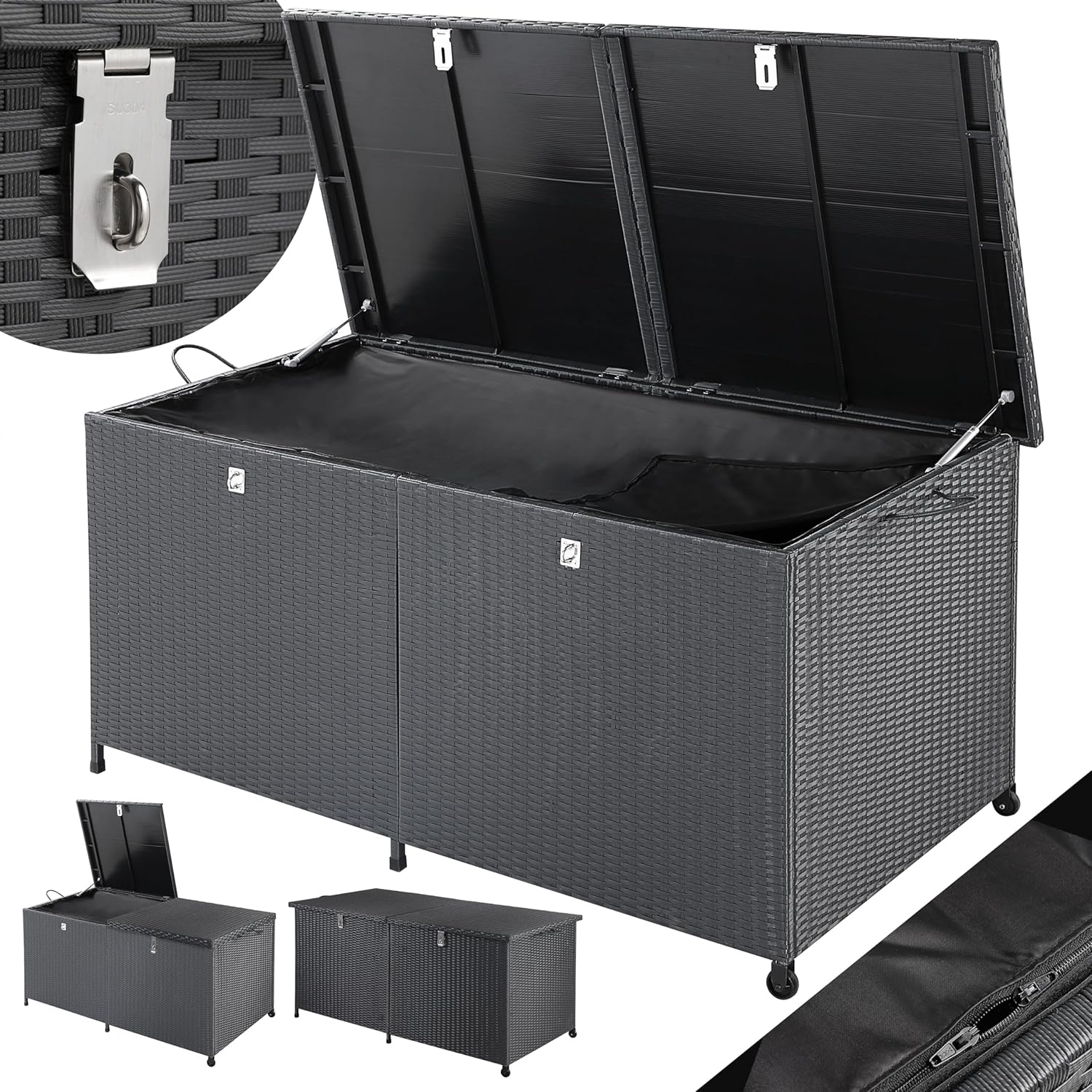 Casaria® Gartenbox XXL Polyrattan Wetterfest 625L UV-beständig Griffe Rollen Gasdruckfeder Garten Wintergarten Auflagenbox Kissenbox 150x77cm Schwarz