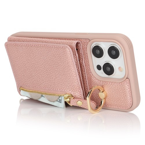 iPhone 14 Pro Max Necklace Leder Hülle mit Münzfach und Kartenfächer   Finger Griff Halterung   Handykette - Roségold