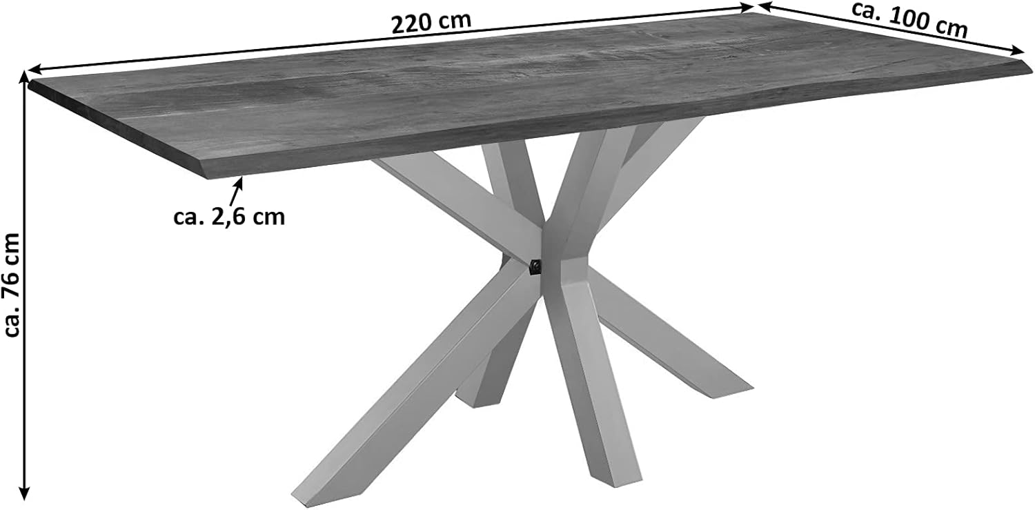 SAM Baumkantentisch 220 x 100 cm Spyro, Akazienholz nussbaumfarben & massiv, Esszimmertisch mit silbernem Spider-Metallgestell, Platte 26 mm