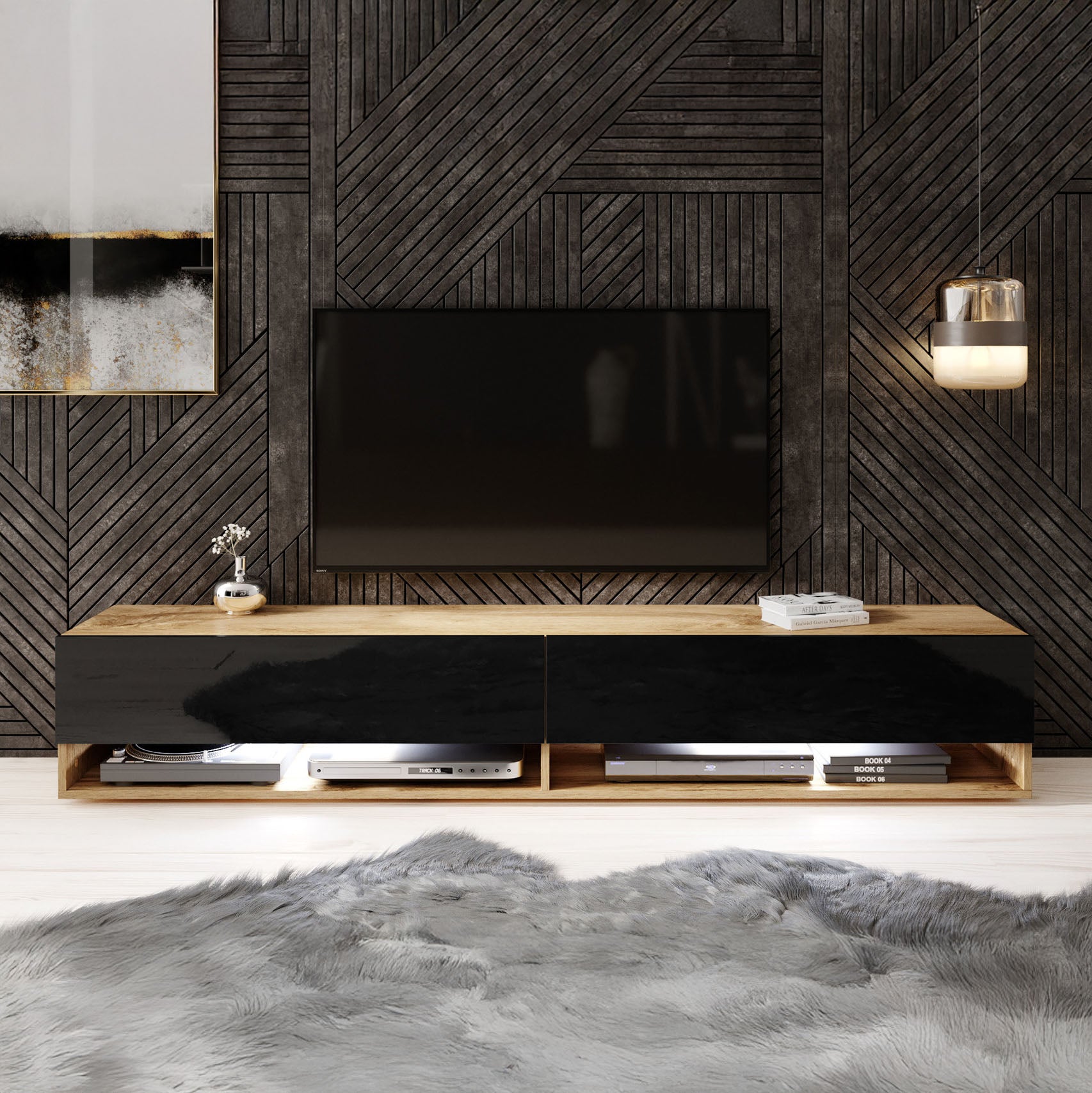 Asino - TV-Meubel met verlichting - Zwart/eiken - 180 cm