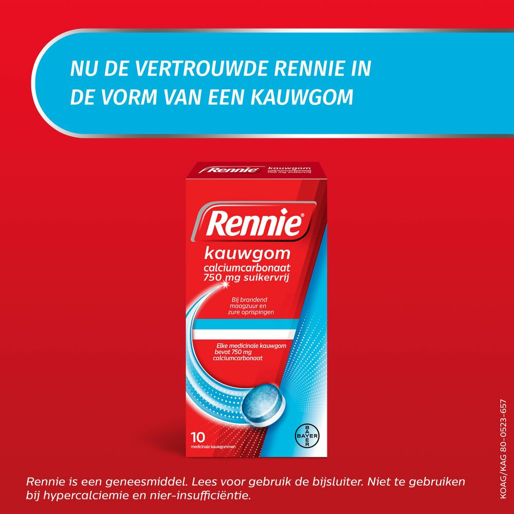 Rennie Kauwgom Calciumcarbonaat 750mg Suikervrij10 stuks