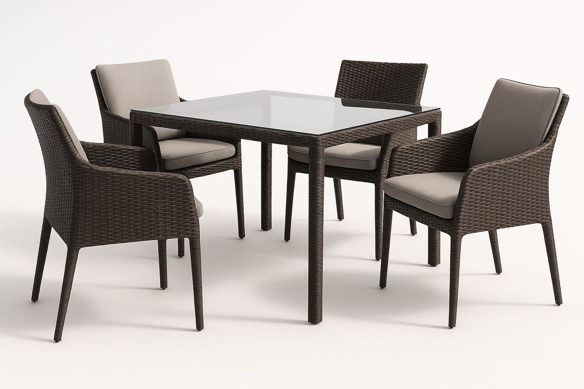 Essgruppe aus Polyrattan mit Glasplatte und 4 Stühlen Braun/Beige