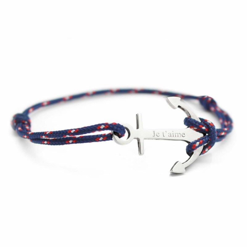 Bracelet cordon ancre argent 925 homme - gravure JE T'AIME