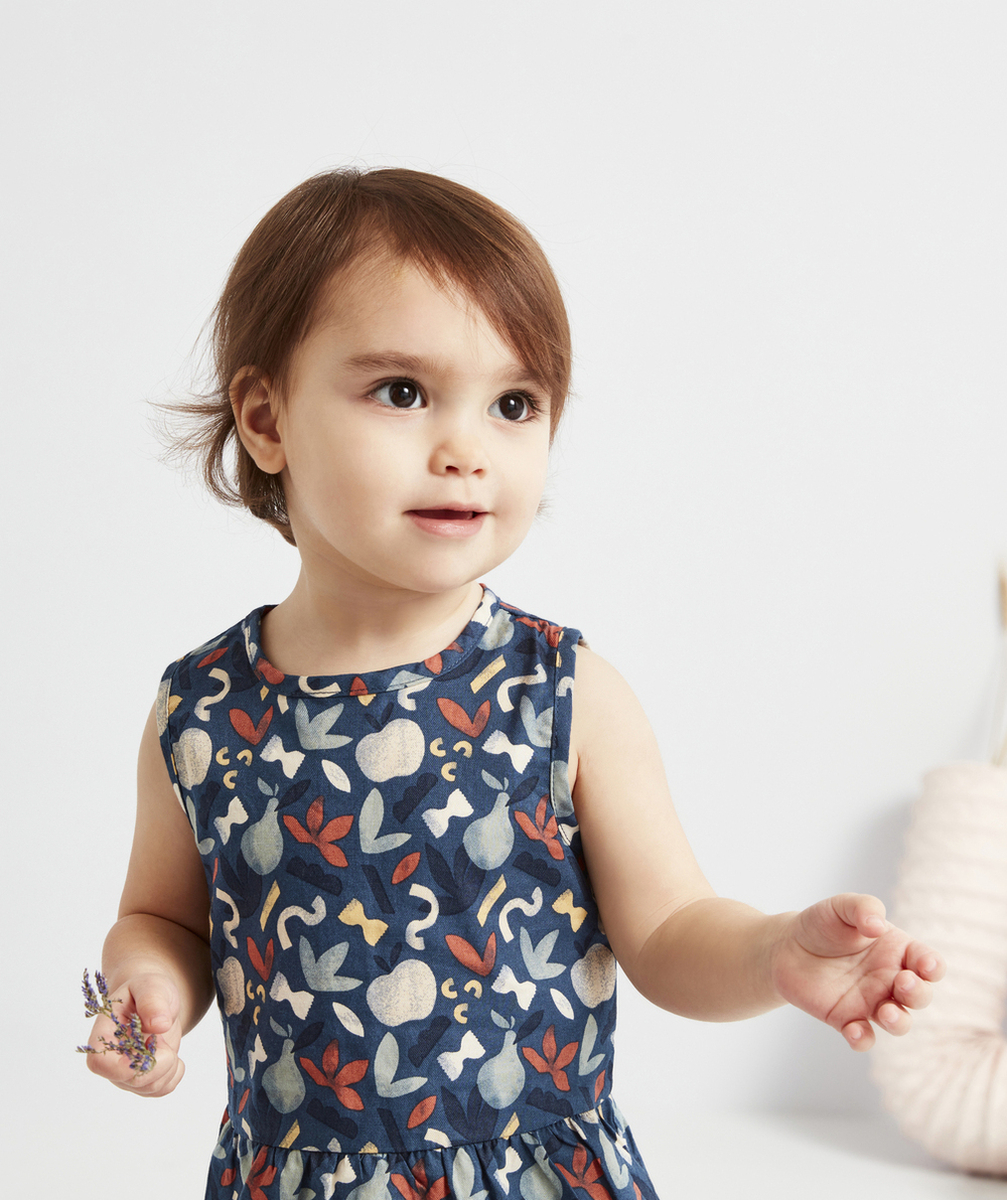 ROBE BI-MATIÈRE BÉBÉ FILLE BLEU MARINE ET IMPRIMÉE