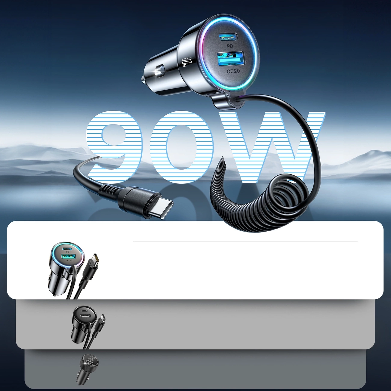 (72W) USB C / USB A Auto KFZ Ladegerät Car Charger für Zigarettenanzünder mit USB C Spiral Ladekabel (JR-CL07) - Schwarz