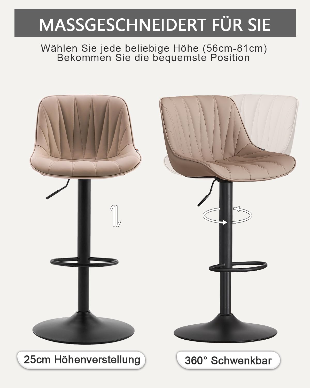 YOUTASTE Barhocker 2er Set Barstuhl Höhenverstellbar, Drehbar mit PU-Leder, Tresenhocker mit Rückenlehne und Fußstütze Sitzhöhe 57cm - 82cm für Küche, Theke, Bar, Khaki