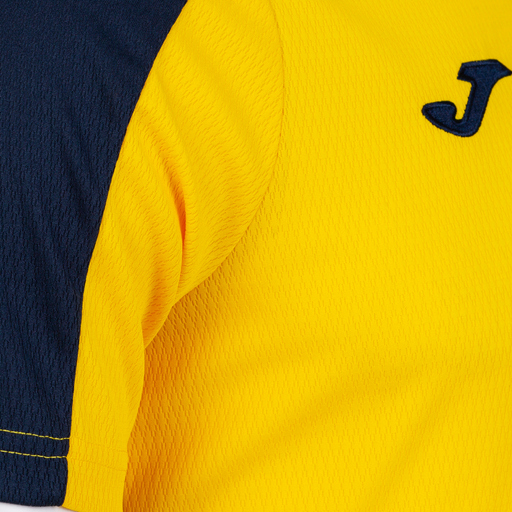 Camiseta Joma Eco Championship de manga curta, azul marinho e amarela.