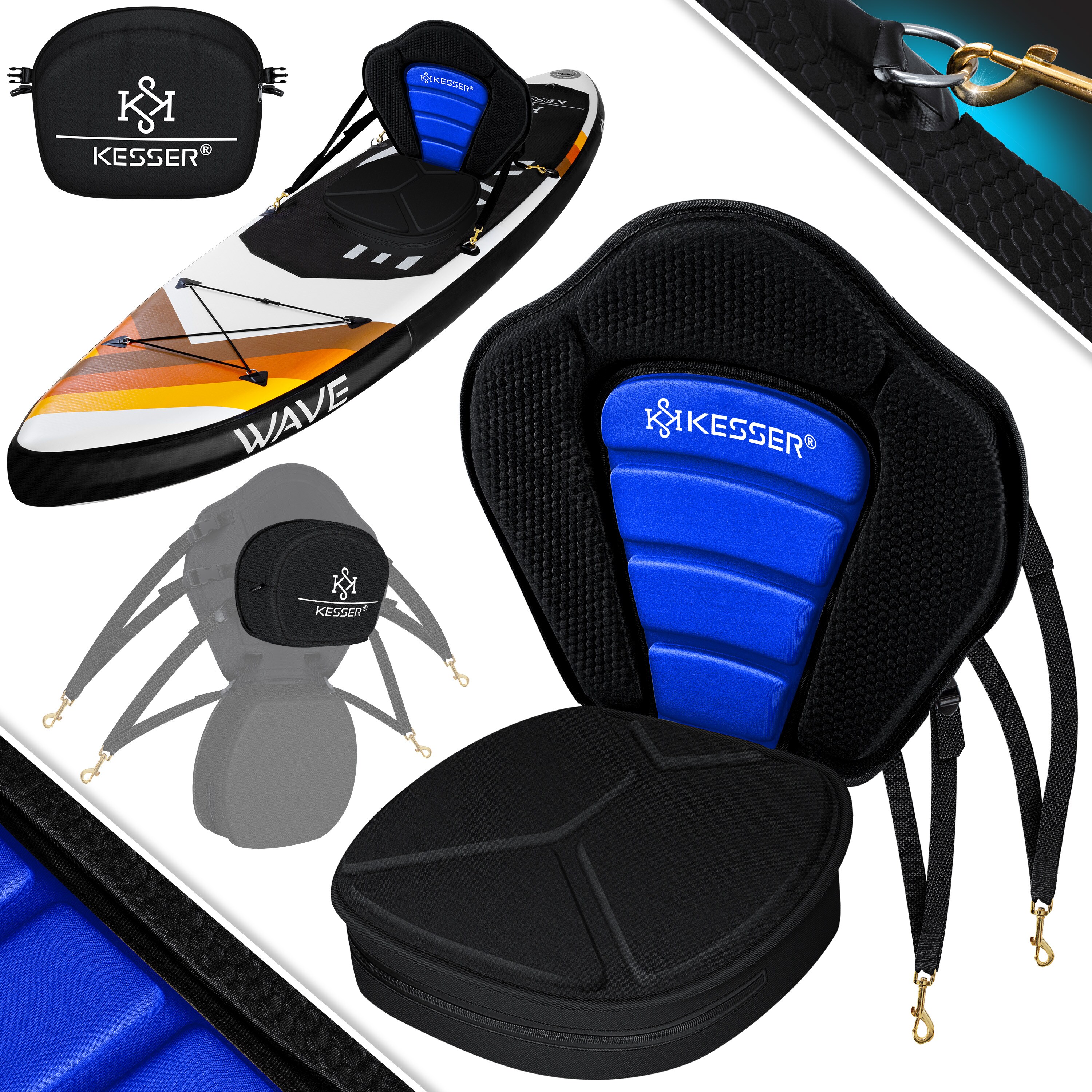 KESSER® Kajak-Sitz Premium für SUP Board Stand Up Paddle Surfboard Sitz - Inkl. Mit Tasche - SUP Paddling Paddelboards Gepolsterte Sitz 32x38cm, Rückenlehne 51x45cm schnell und einfach montiert