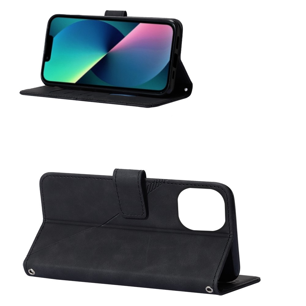 iPhone 14 Necklace Leder Tasche Flip Cover Geometrisches Imprint Muster - Schwarz
