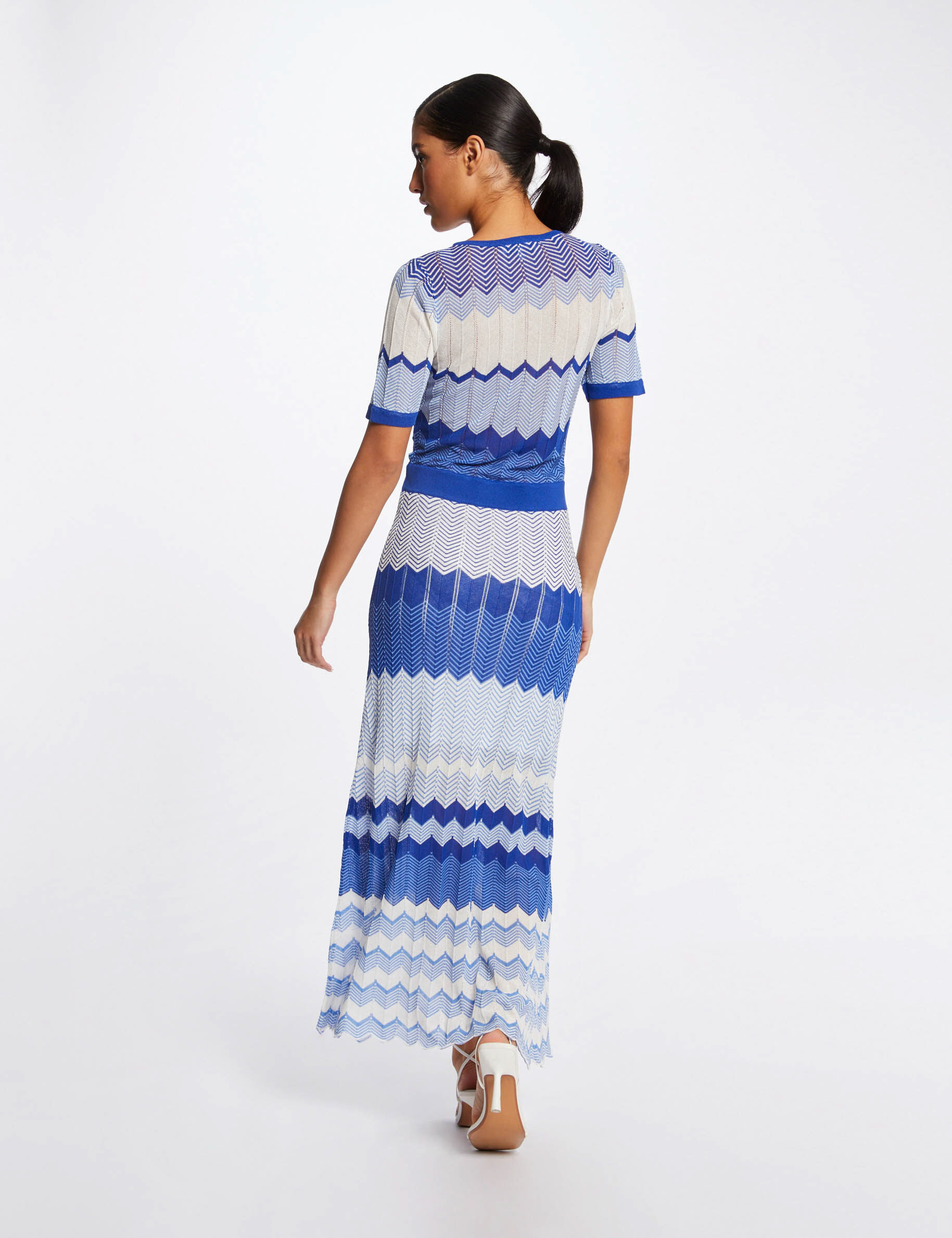 Robe pull longue droite imprimé chevron bleu moyen femme - bleu_moyen