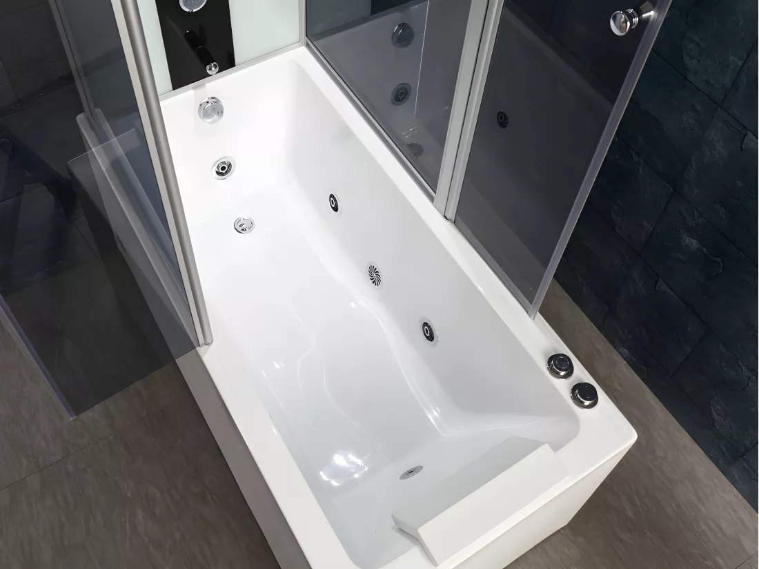 Baignoire douche balnéo - Profilés gris foncé - L150 x P75 x H215 cm - 30 microjets et 6 gros jets - DARIA