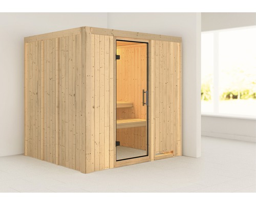 Elementsauna Karibu Sodina zonder oven en dakkroon met volledig glazen deur van helder glas