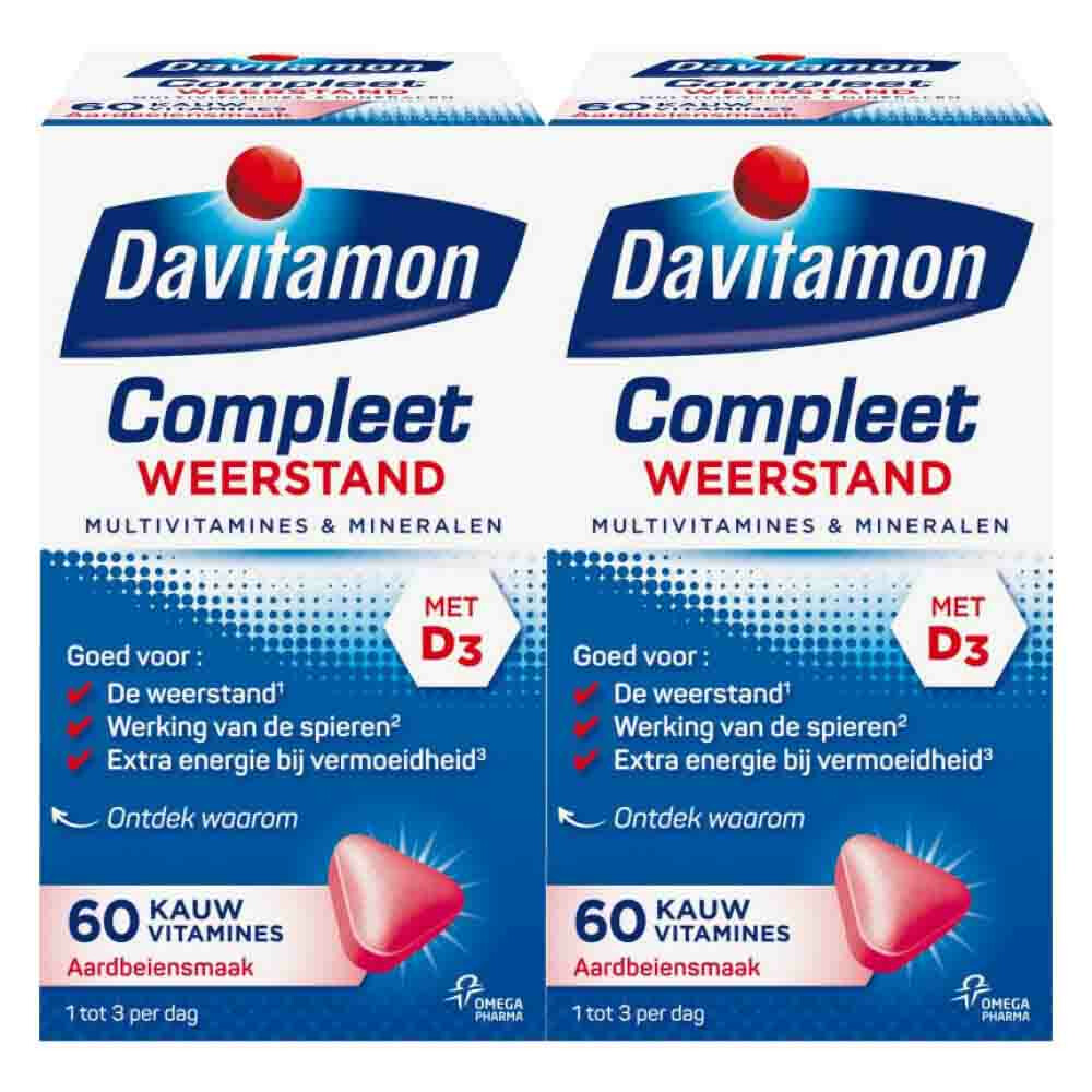 2x Davitamon Compleet Weerstand Kauwvitamines Aardbei60 kauwtabletten