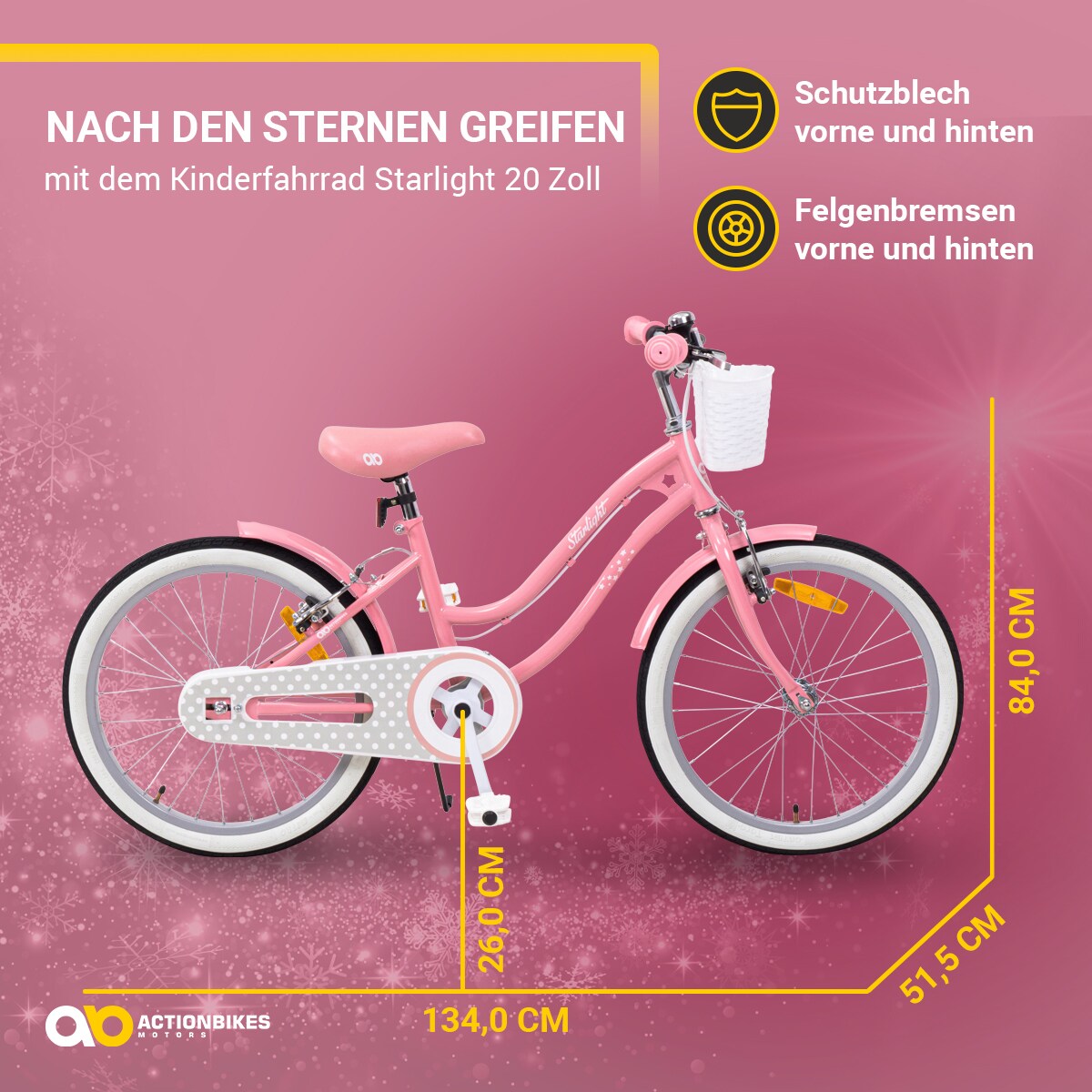 Actionbikes Kinderfahrrad Starlight 20 Zoll, Rosa, Fahrradständer, Korb, Klingel, Kettenschutz (Classic)