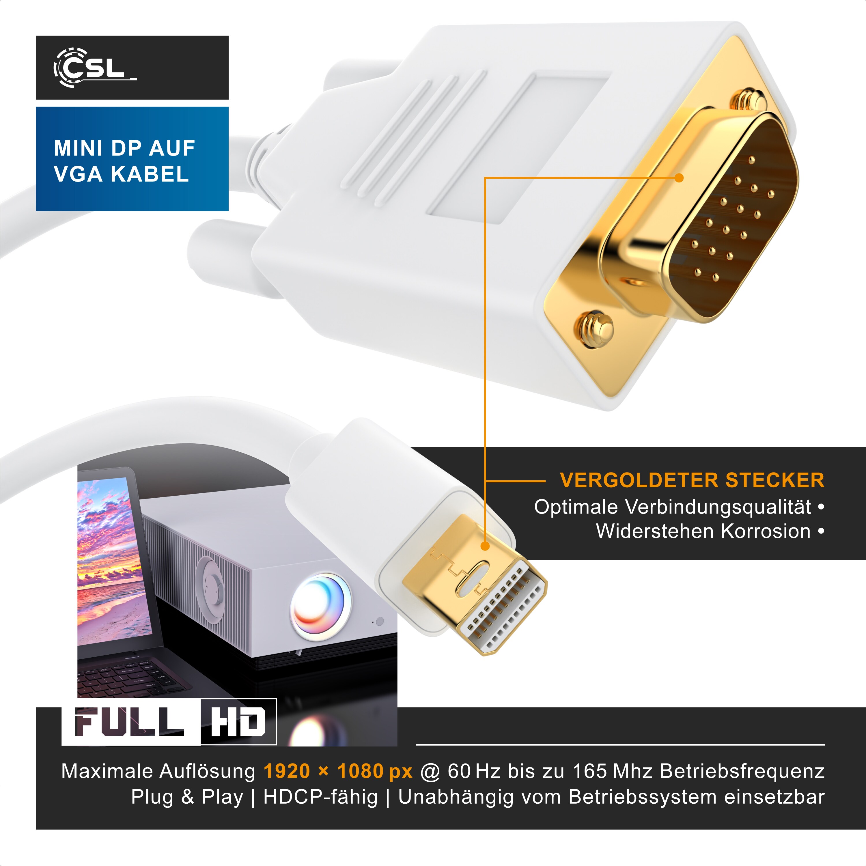 CSL Mini Displayport zu VGA Audio- & Video Kabel, miniDP Monitor Adapter / Thunderbolt 1 & 2 kompatibel - 3m