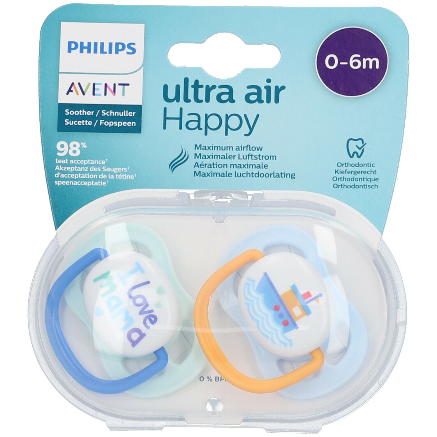 PHILIPS Avent Ultra Air Happy Schnuller 0-6 Monate, Mama blau/gelb