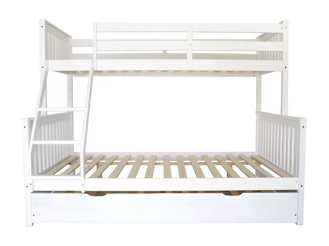 Lit superposé triple + lit pieds pliants bois blanc 135 cm
