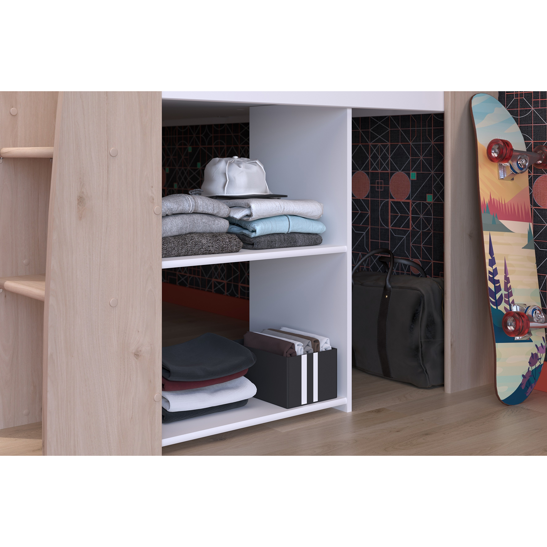 Hochbett LUCAS - weiß - Japanische Eiche - mit Schreibtisch