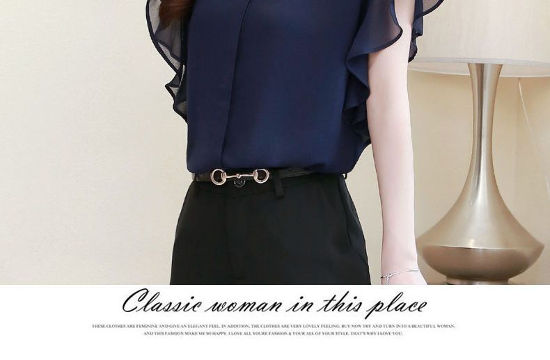 Dragan Pulse - Flutter Sleeve Band Collar Plain Chiffon Shirt