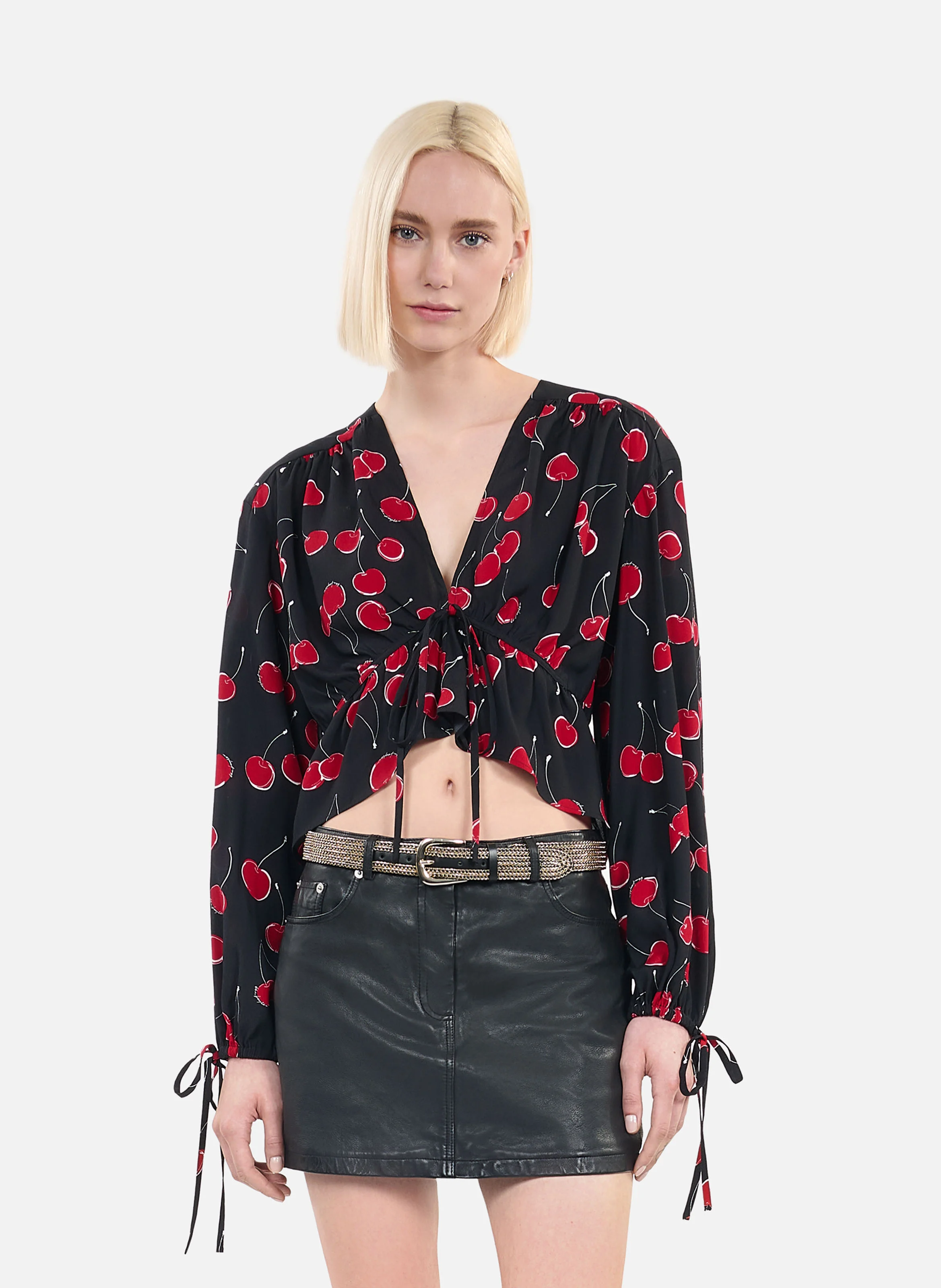 Top col V ample imprimé | Noir