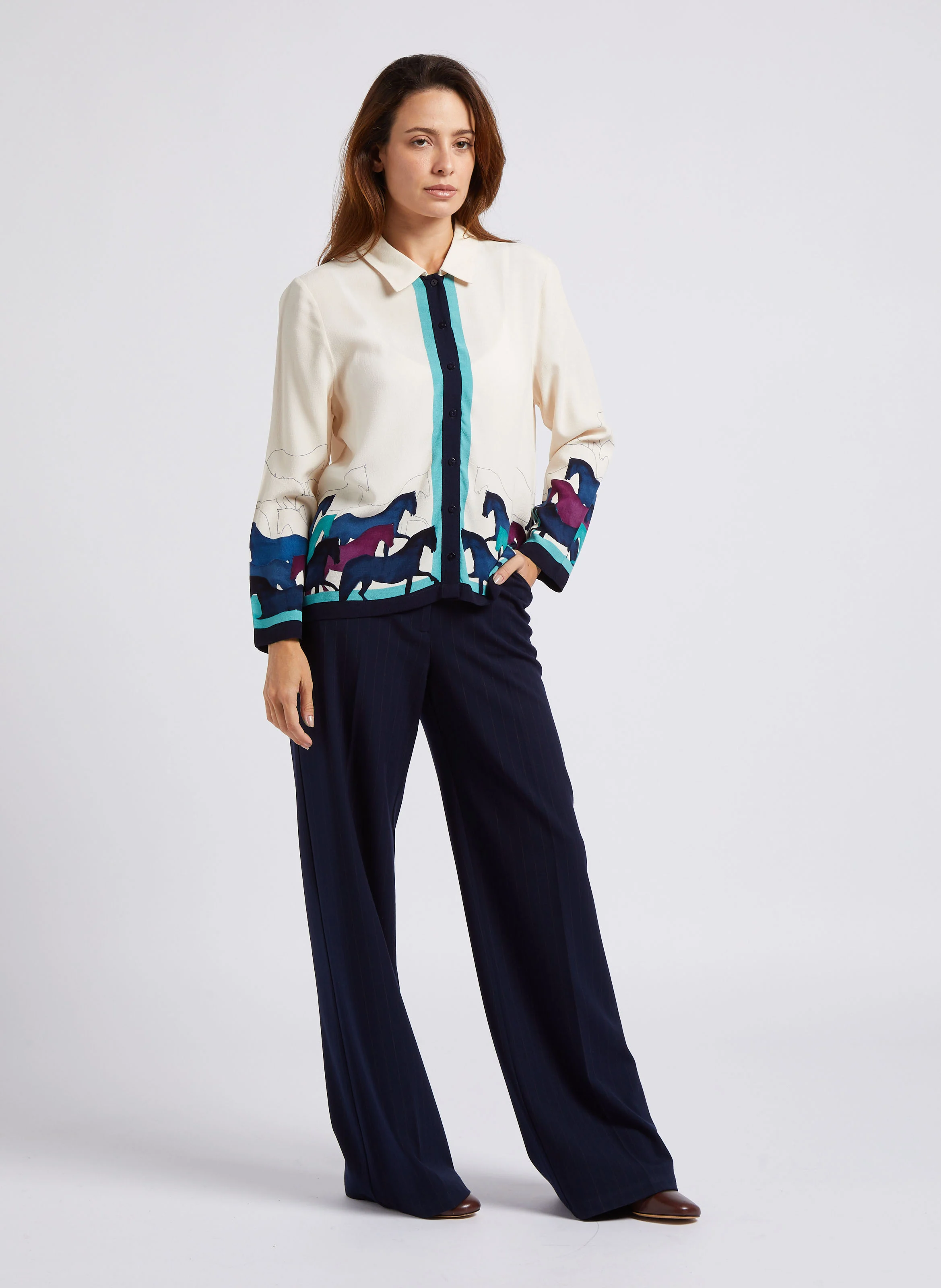 Pantalon large taille haute rayé| Bleu