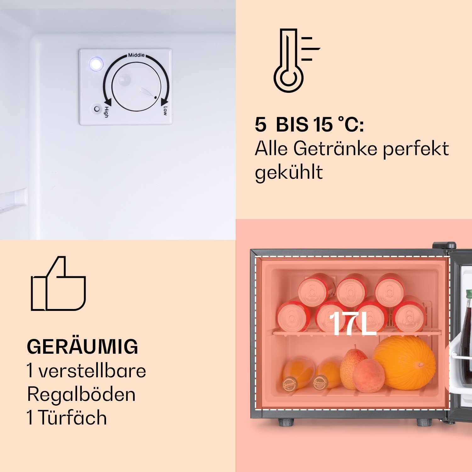 Klarstein Kühlschrank, Mini-Kühlschrank für Getränke, Kühlschrank Klein, Kleiner Kühlschrank Lautlos, Skincare Fridge, 3 Kühlstufen, Camping Kühlschrank, Minikühlschrank für Zimmer, Büro 0-15°C, 17 L