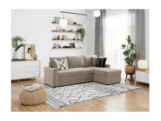 Canapé d'angle 3 places Maria réversible, convertible avec coffre en velours côtelé - Taupe - L227 x P146 x H81cm - Loungitude