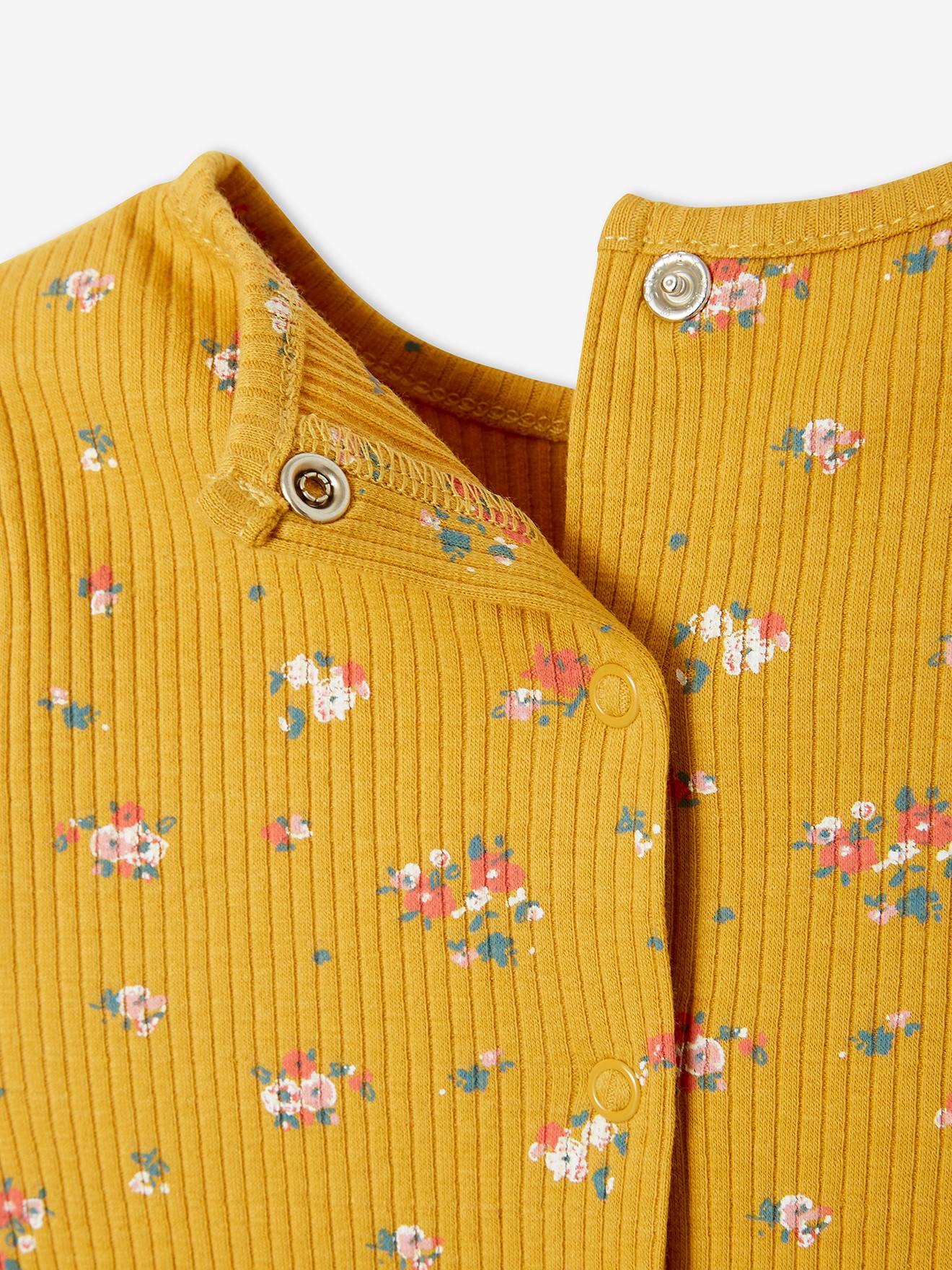 Camiseta floral canelada para bebê, estampa rosa claro