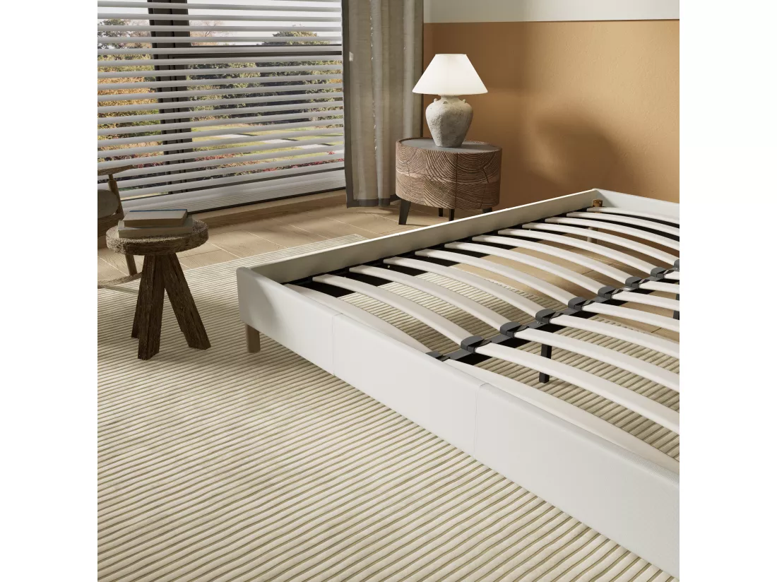 Sommier 90x200 cm, Revêtement en tissu Blanc Crème, Pieds en bois