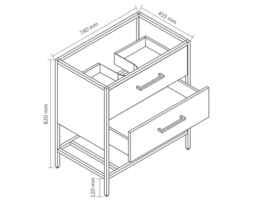 Badkamermeubelset Differnz Industrieel BxHxD 81 x 85 x 90 cm, frontkleur walnoot, 3-delige badkamermeubelset met witte gegoten mineraalwastafel en badmeubel, wastafelspiegel