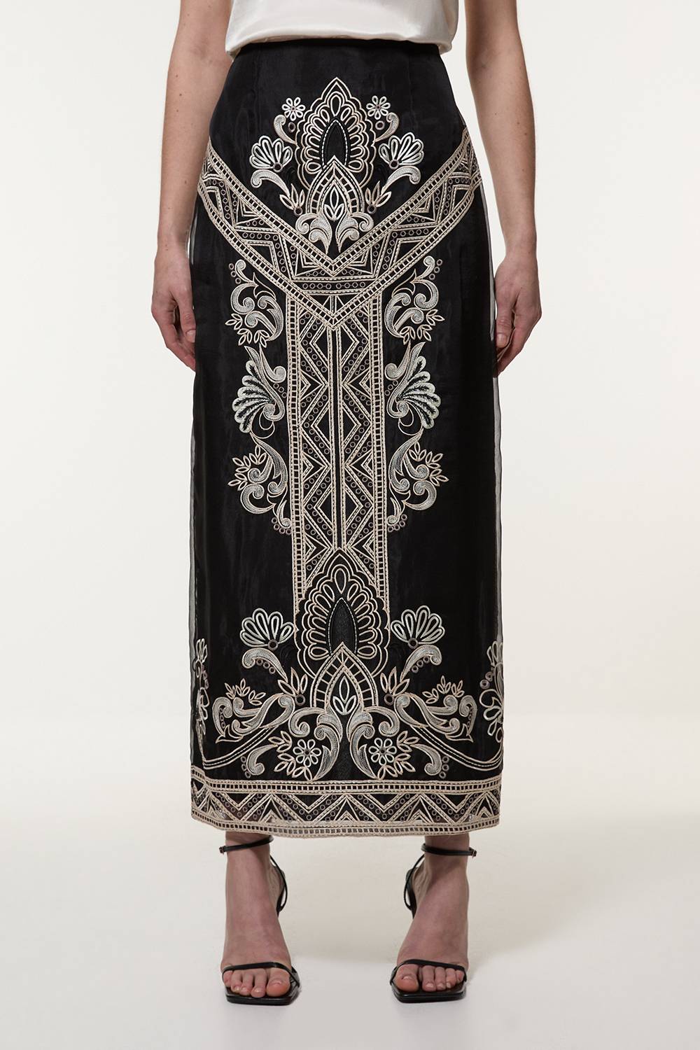KarenMillen Jupe midi tissée en organdie brodée pour grande taille
