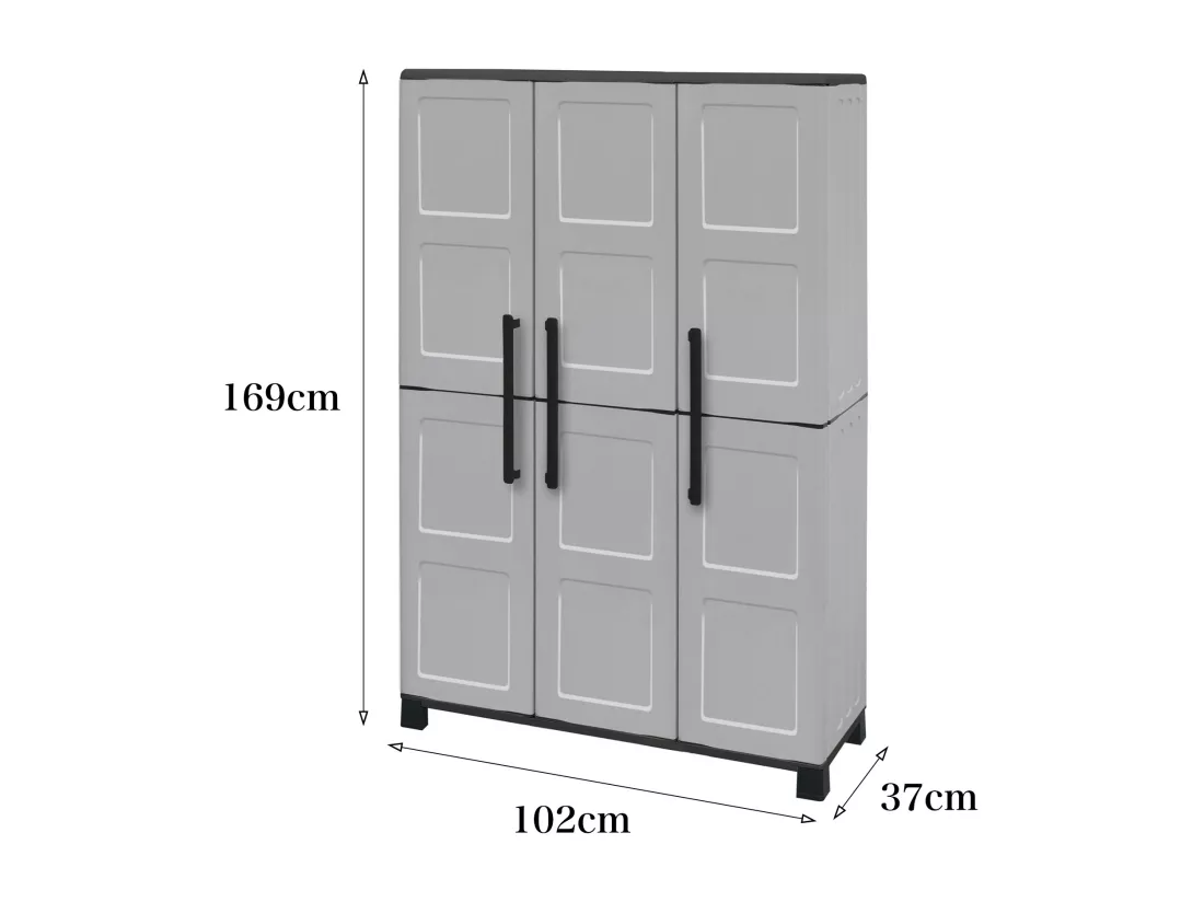Armoire d'extérieur Nandrin, Armoire à balais, Armoire d'extérieur 3 portes, 100% Made in Italy, 102x37h169 cm, Gris clair et noir, Finition damier