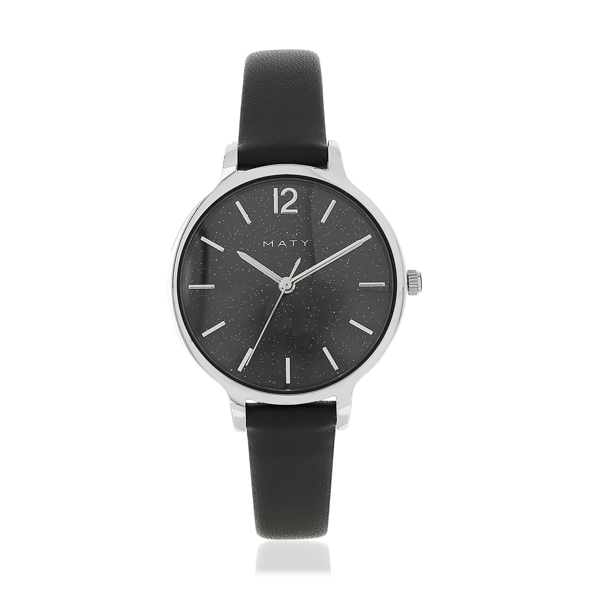 Montre chromée bracelet cuir noir