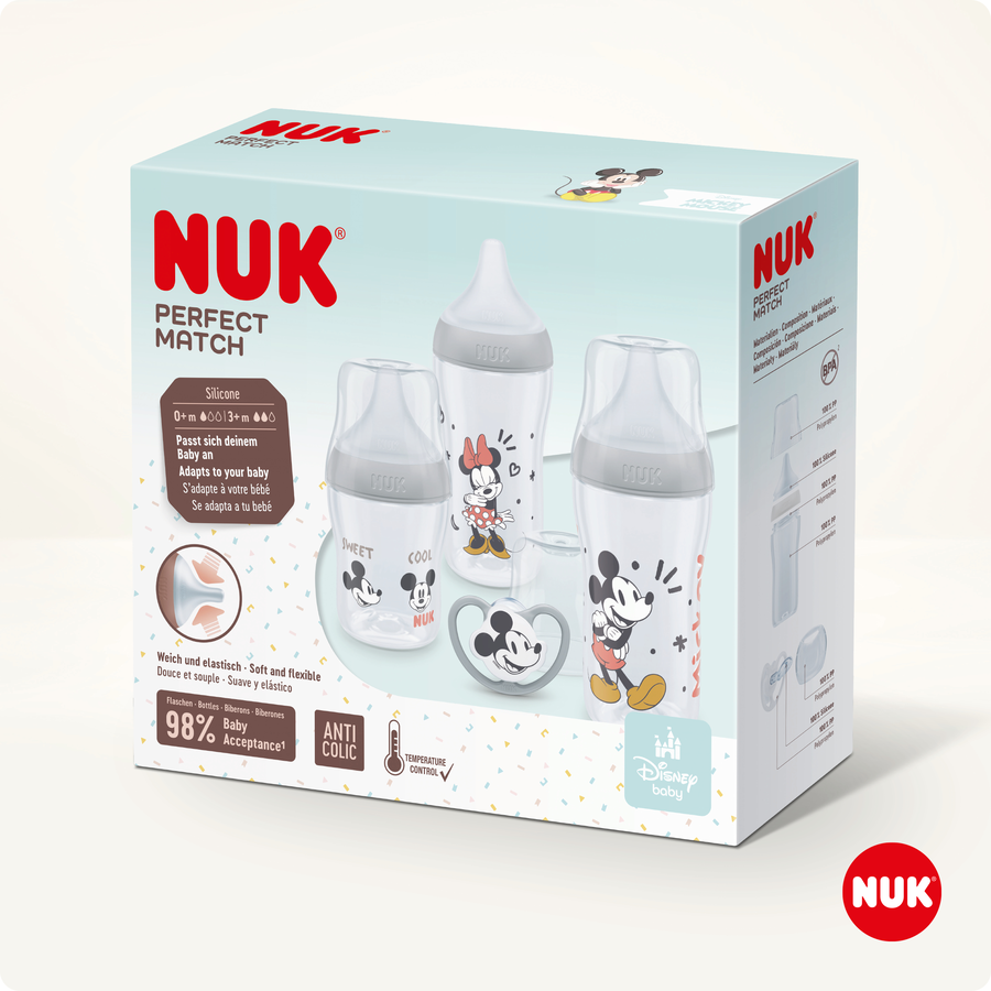 NUK Starterset Perfect Match  Mickey Mouse Anti-Colic inkl. Schnuller Space 0-6 Monate in grau