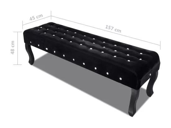 Banc noir tissu velours avec boutons en cristal