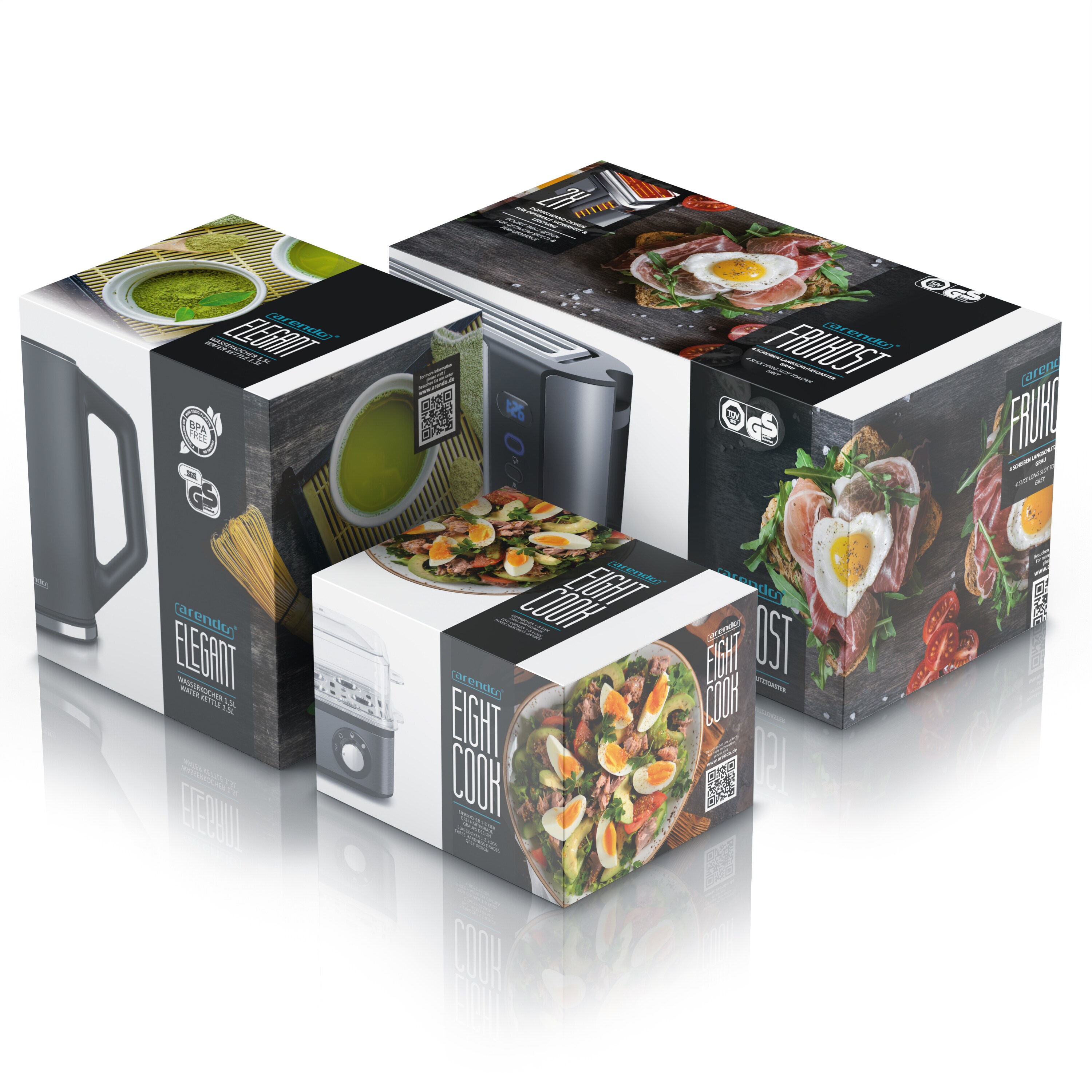 Arendo 3-teiliges Frühstücksset - Wasserkocher 1,5l, 4-Scheiben Toaster, 8er Eierkocher, Grau
