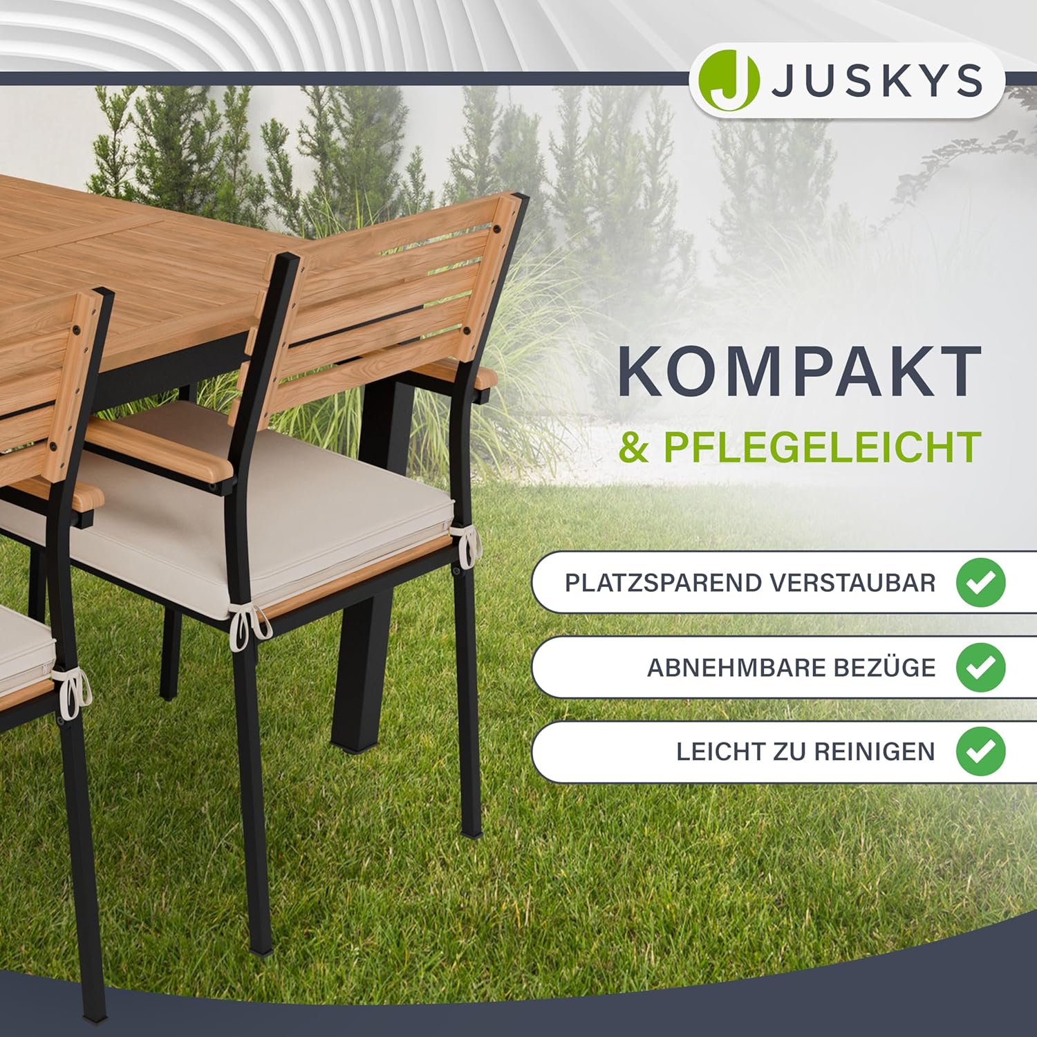 Juskys Akazienholz Gartengarnitur Rhodos - Tisch, 4 Stühle & Auflagen - Holz Gartenmöbel Set 5-teilig - Balkonmöbel -Outdoor Möbel Natur & Schwarz