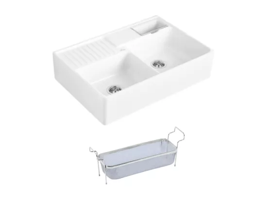 Evier timbre d'office VILLEROY ET BOCH Tradition 89,5 x 63 céramique vidage manuel blanc + Panier vaiselle
