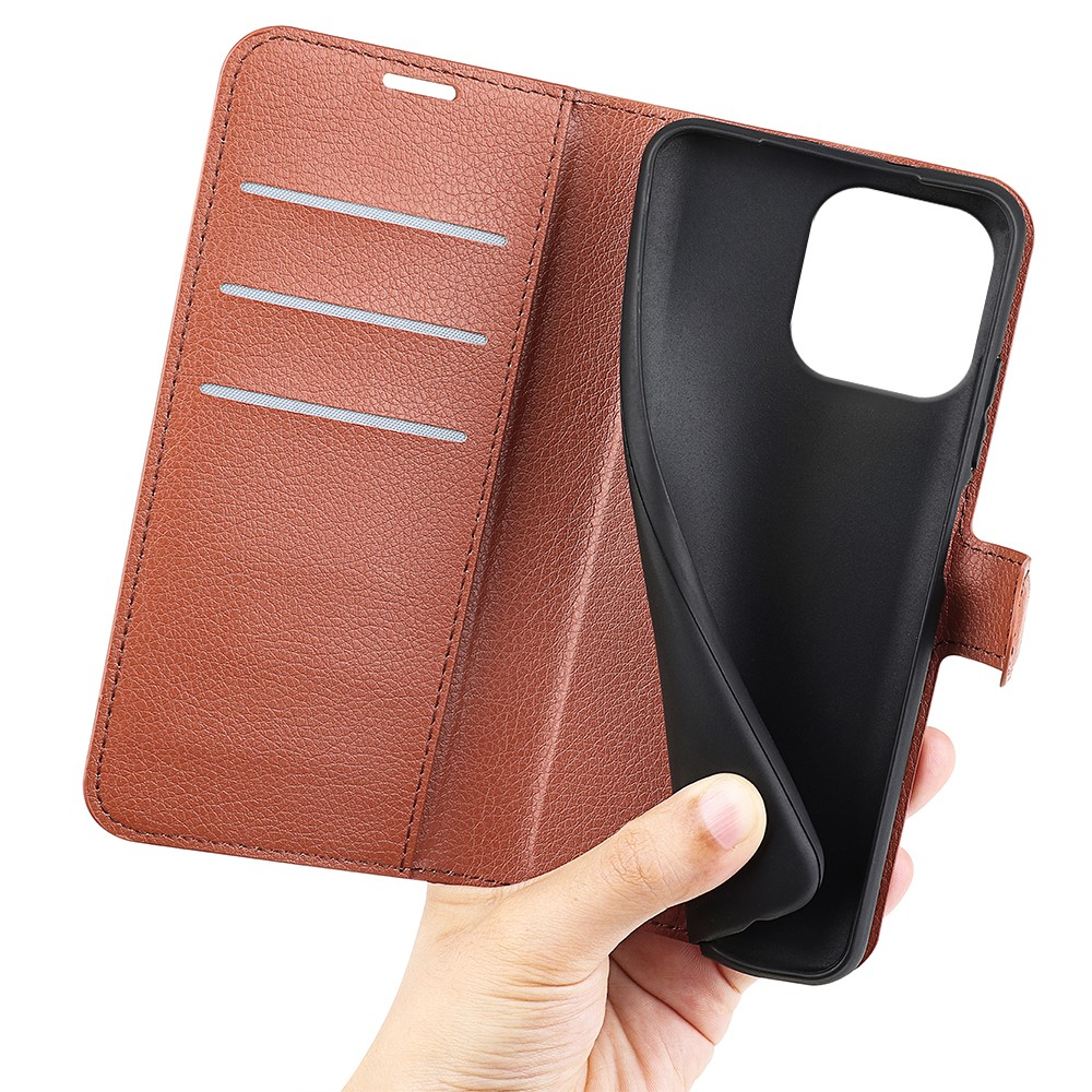 iPhone 16 Pro Leder Tasche Flip Cover Litchi Look - Braun