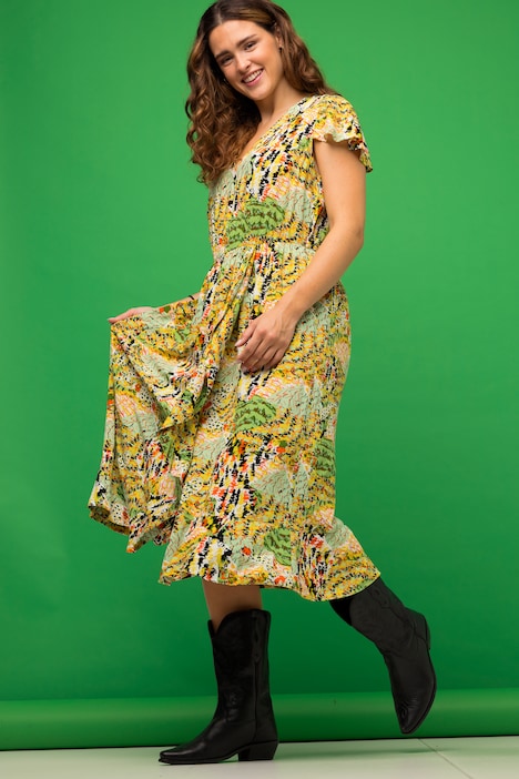Midikleid, A-Line, Print, V-Ausschnitt, Halbarm