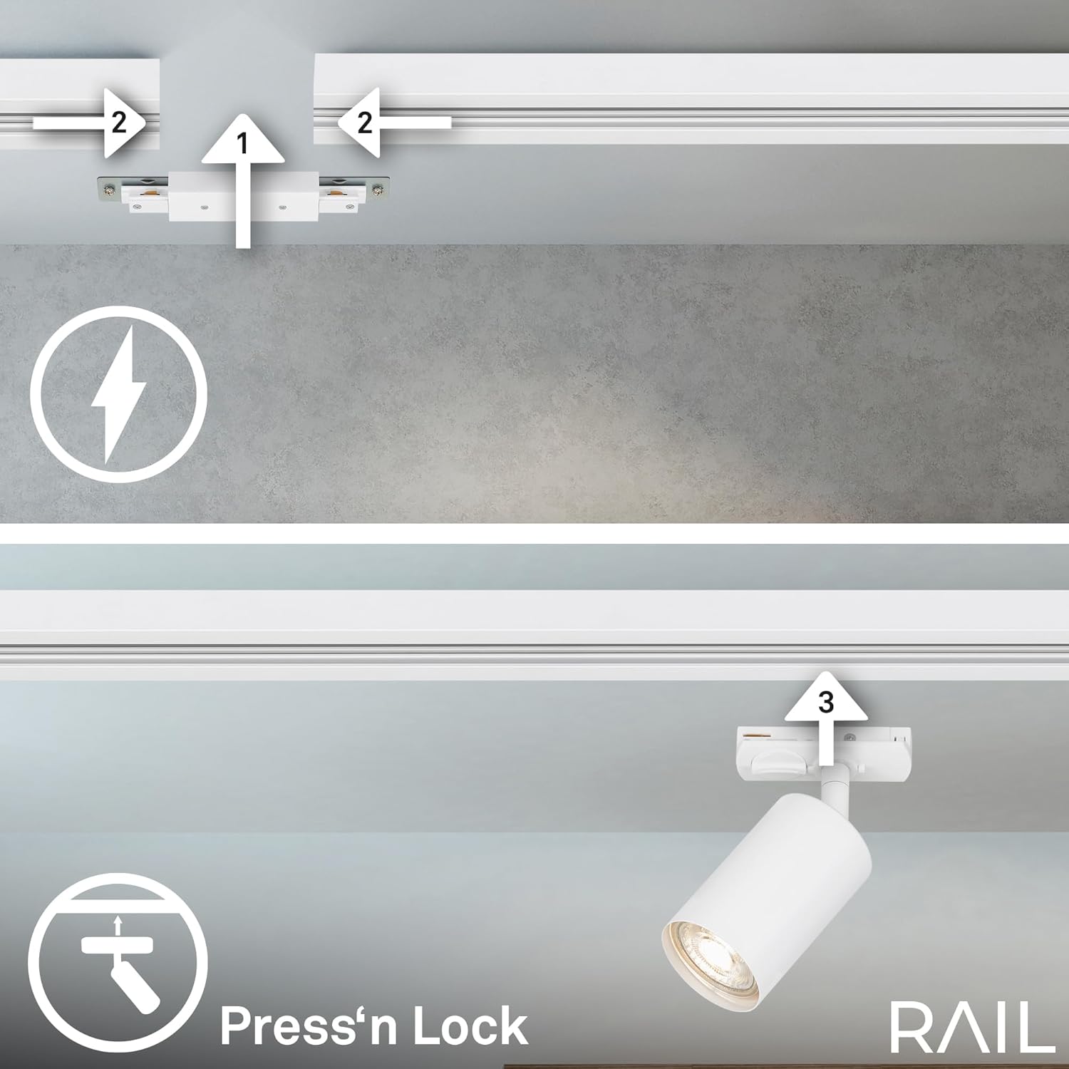BRILONER - Schienensystem Rail Komplettset, 6x GU10 Spots schwenkbar, 2x GU10 Pendel, Cap-Form/Stairs-Form, Lichtschienensystem Decke, Strahler Schiene, Deckenlampe, Spotlight, 5,25m, Weiß