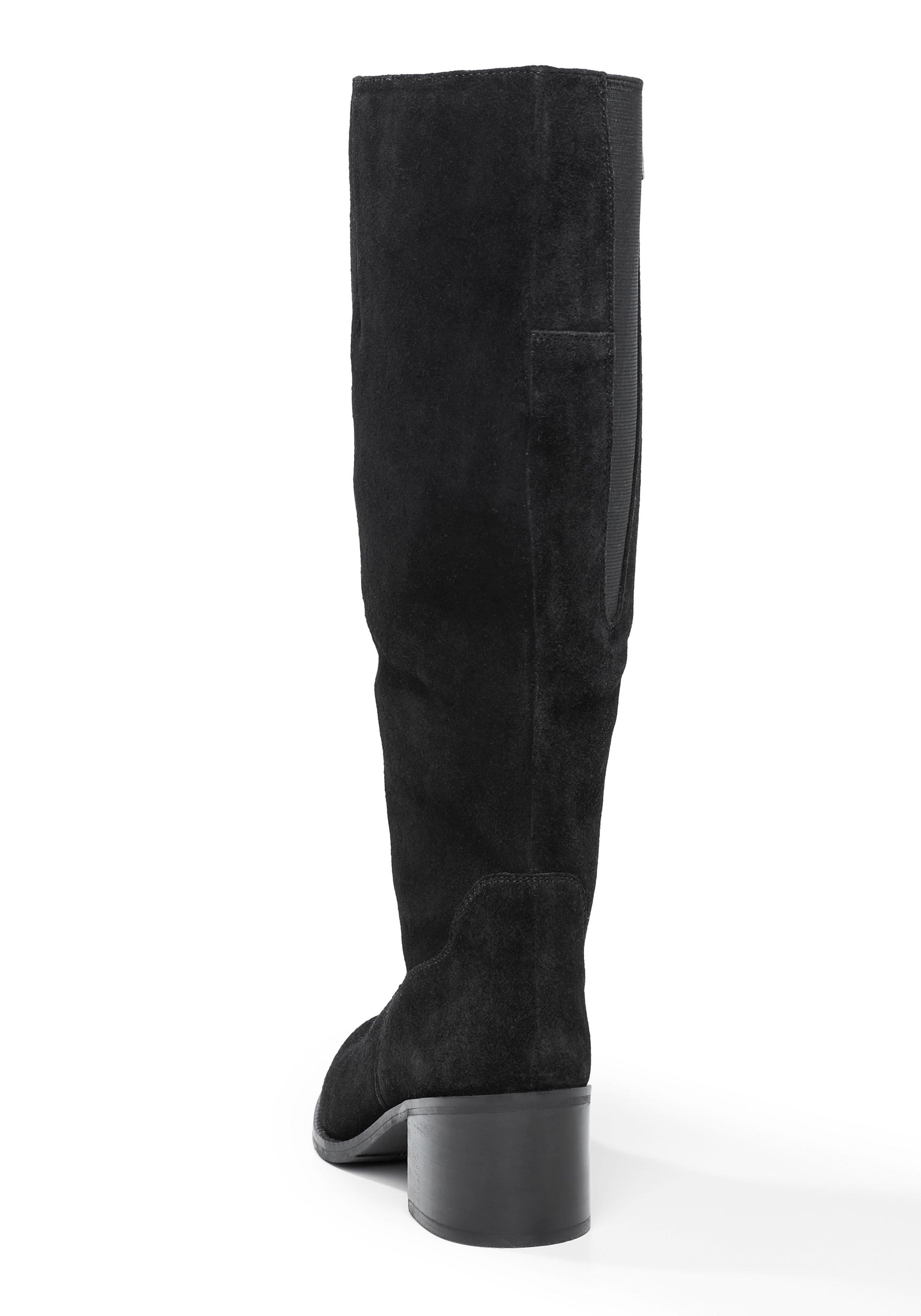 Weitschaftstiefel mit Stretcheinsatz, aus Veloursleder
