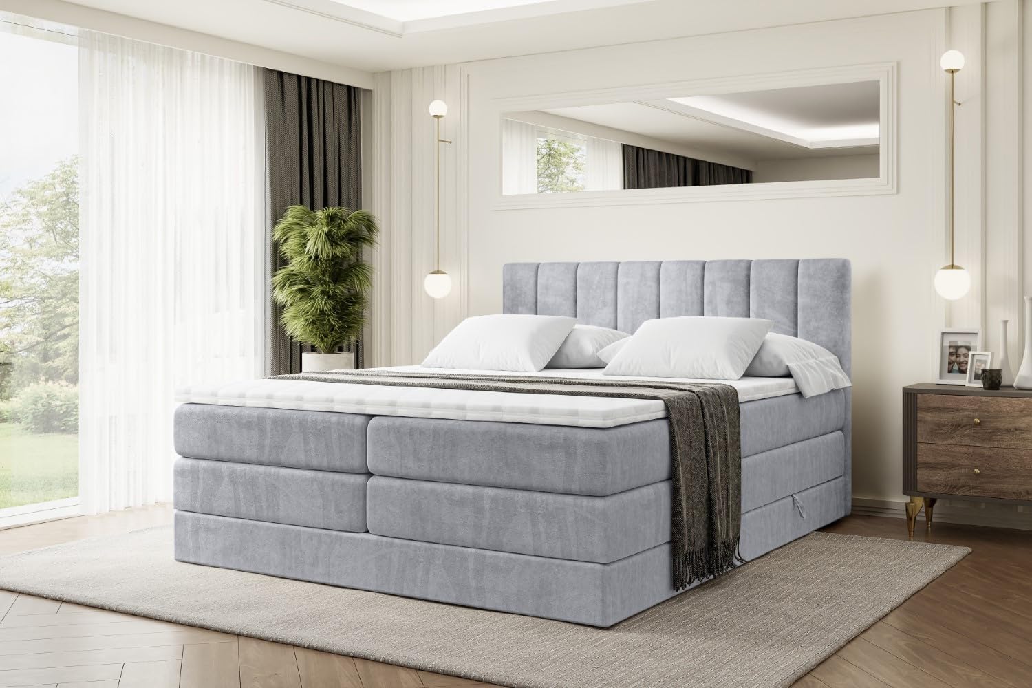 ALTDECOR Boxspringbett mit Matratze und Lattenrost, Topper, Polsterbett mit Bettkasten, Bett mit Stauraum H3- und H4- Matratze, Doppelbett, Springboxbett - OTTA King - 180x200 - Grau Monolith