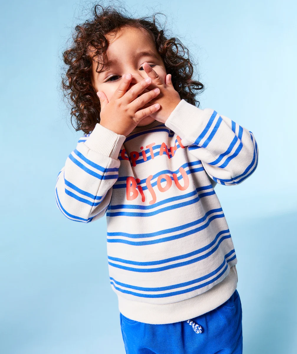 SWEAT BÉBÉ GARÇON EN FIBRES RECYCLÉES IMPRIMÉ RAYÉ THÈME CAPITAINE BISOUS