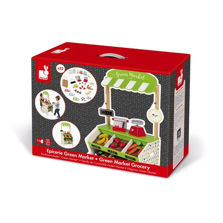 Janod Epicerie Green Market en bois avec 32 accessoires