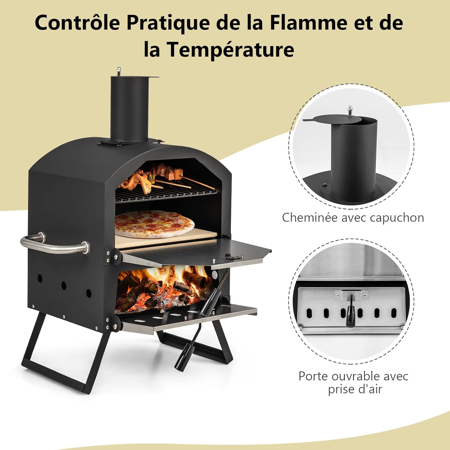 GYMAX Four à Pizza Extérieur Mini, Fours à Pizza au Bois avec Pierre à Pizza, Pelle à Pizza, Jambes Pliantes et Poignées Portables, Ventilateurs Ajustables, Couvercle Imperméable