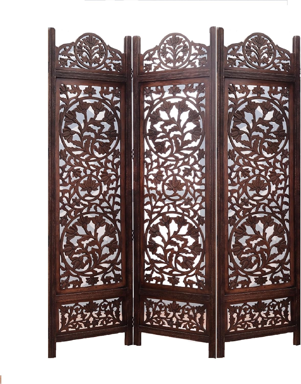 iAnanas Handgefertigter Raumteiler aus Massivem Mangoholz & MDF, 3-teiliger Faltbarer Paravent mit Dekorativen Mustern, Platzsparend, Einfach zu Montieren, Ideal als Sichtschutz, 152 x 180 cm