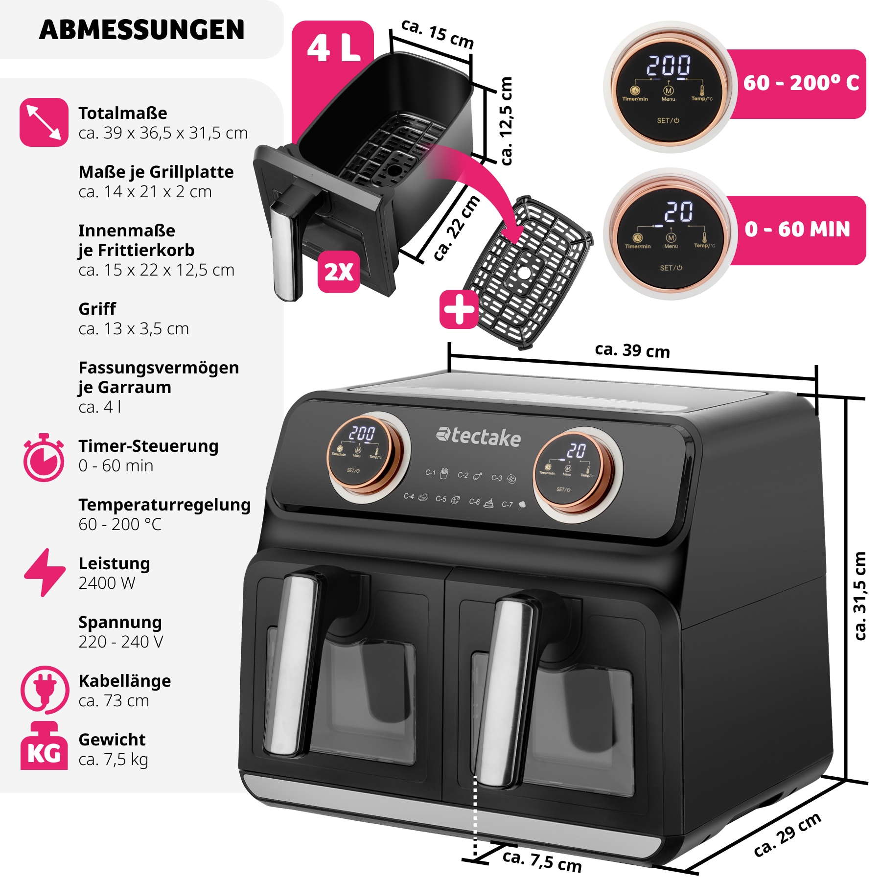 tectake® Heißluftfritteuse , 2 Garräume, je 4 l, 2400 W, individuelle Zeit- und Temperaturregelung je Kammer, 37,5 x 39 x 31,5 cm GS-Zertifikat, inklusive Rezeptheft
